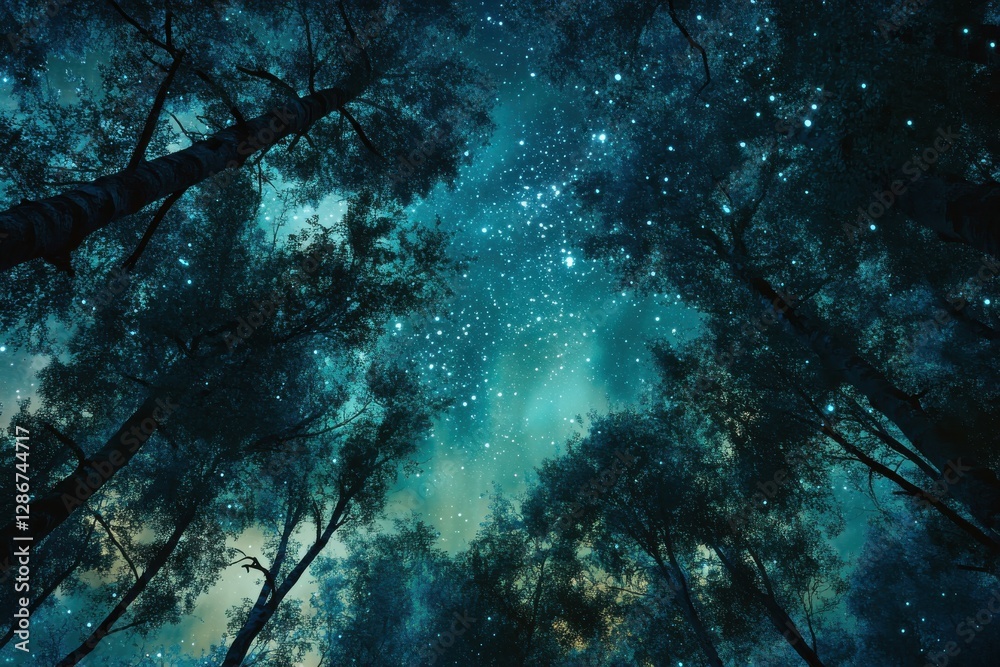 Obraz premium A magical forest at night with the northern lights in shimmering blue and green colors dancing above, creating an enchanting atmosphere.