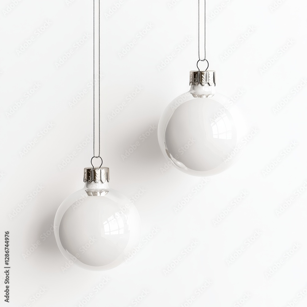 Minimalist White: Two Glossy Christmas Ornaments Hanging on Delicate Chains, Against a Bright White Backdrop