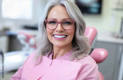 A middle-aged woman with gray hair and glasses smiles while sitting in the dentist's chair, wearing pink