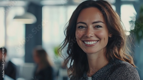 Leadership, Manager and Team Leader Female Employee Smiling in the Office, With Her Colleagues in Background. Shallow Focus businessman