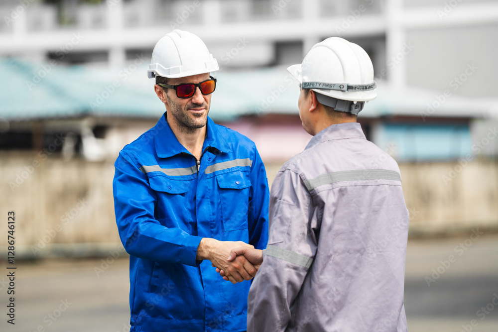 Two industrial workers wearing safety helmets shaking hands outdoors symbolizing teamwork and partnership at a construction or factory site. Two industrial workers wearing safety helmets shaking hands outdoors symbolizing teamwork and partnership at a construction or factory site.