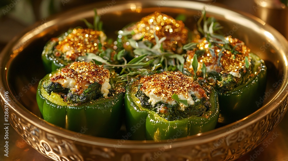 Luxe spinach and ricotta stuffed bell peppers served in a golden-rimmed bowl with edible gold flakes Luxe spinach and ricotta stuffed bell peppers served in a golden-rimmed bowl with edible gold flakes