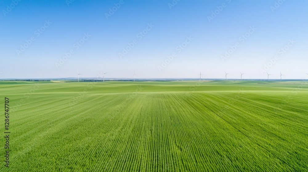 Aerial view of a green field with wind turbines in the distance. Possible use Stock photo for agricultural, environmental, or landscape themes Aerial view of a green field with wind turbines in the distance. Possible use Stock photo for agricultural, environmental, or landscape themes