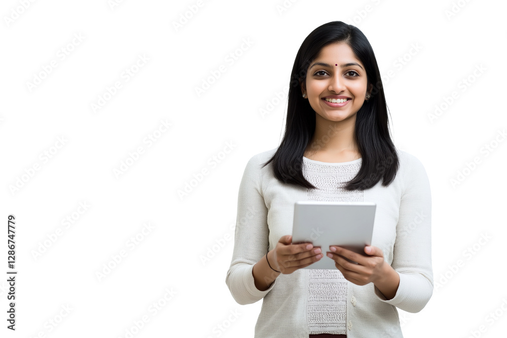 Smiling Indian Woman Holding a Tablet in Casual White Sweater on a Transparent PNG Background Smiling Indian Woman Holding a Tablet in Casual White Sweater on a Transparent PNG Background