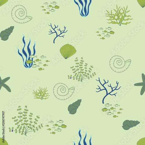 Seamless pattern, summer set, pastel green, blue, yellow, orange, cute, bright, used for creating fabric patterns, backgrounds, wallpapers.