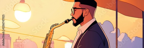 Musician captivates guests at street cafe while playing saxophone in warm lamplight