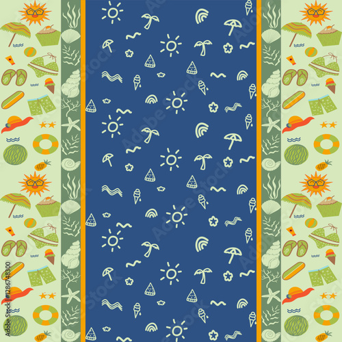 Seamless pattern, summer set, pastel green, blue, yellow, orange, cute, bright, used for creating fabric patterns, backgrounds, wallpapers.