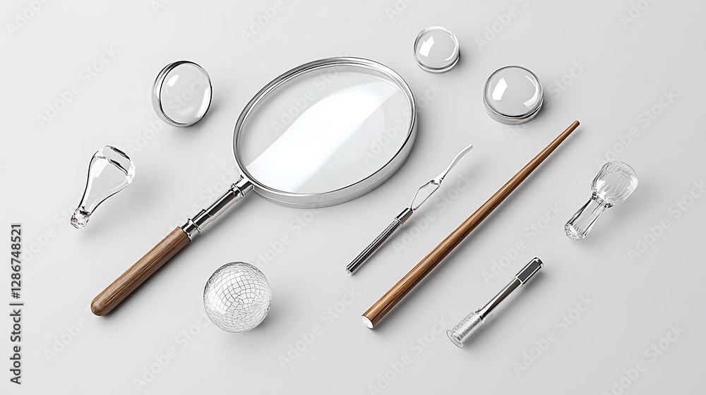 Magnifying Glasses and Tools: A 3D Rendered Still Life AI Generated Magnifying Glasses and Tools: A 3D Rendered Still Life AI Generated