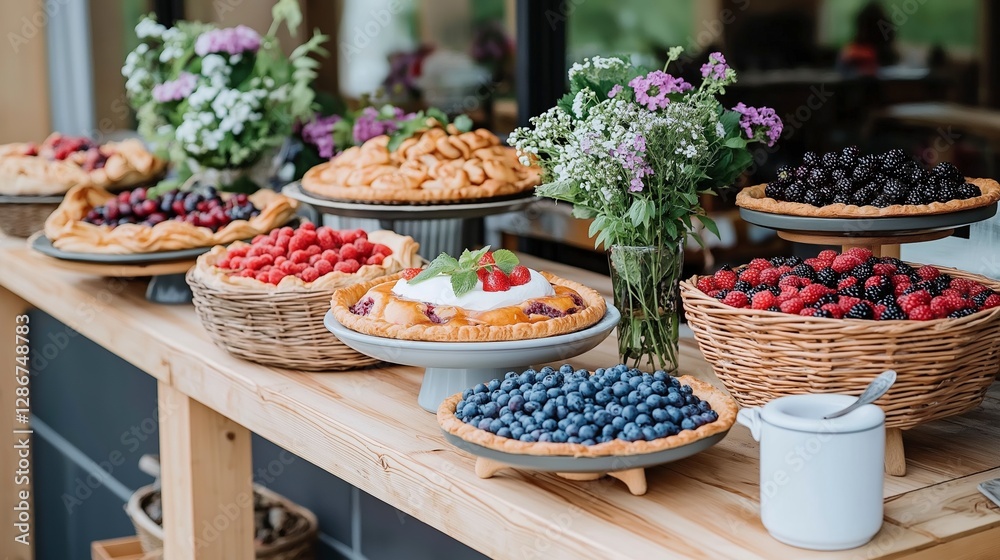 Delightful array of colorful fruit tarts and pastries at a rustic outdoor gathering in the heart of summer sunshine. Generative AI Delightful array of colorful fruit tarts and pastries at a rustic outdoor gathering in the heart of summer sunshine. Generative AI