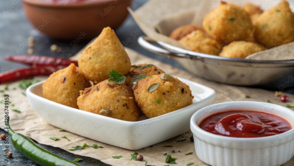 Crispy Rava Bhajiya (Suji Pakora) served with tomato ketchup, a delicious and crunchy semolina snack in selective focus.
Crispy Rava Bhajiya (Suji Pakora) served with tomato ketchup, a delicious and crunchy semolina snack in selective focus.