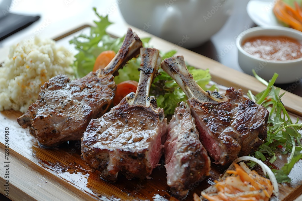 Grilled Lamb Chops with Mashed Potatoes Salad and Sauce Delicious Restaurant Meal Grilled Lamb Chops with Mashed Potatoes Salad and Sauce Delicious Restaurant Meal