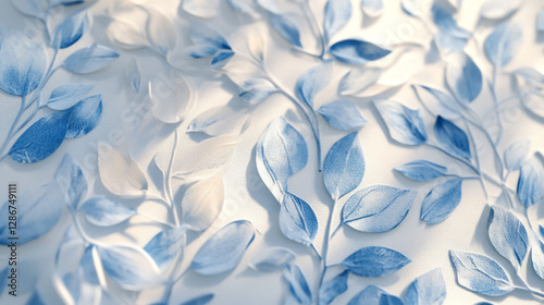 Delicate blue and white leaf patterns create a serene textile design suitable for home decor