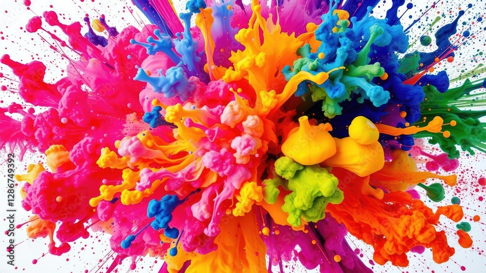 Vibrant and dynamic high definition image of a colorful ink explosion, brightness, splatter Vibrant and dynamic high definition image of a colorful ink explosion, brightness, splatter