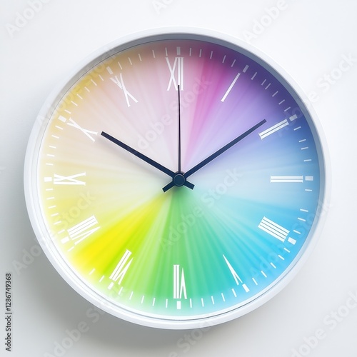 Time in Color: A Modern White Clock with a Vibrant Spectrum of Colors Radiating From the Center, Marking the Hours. photo