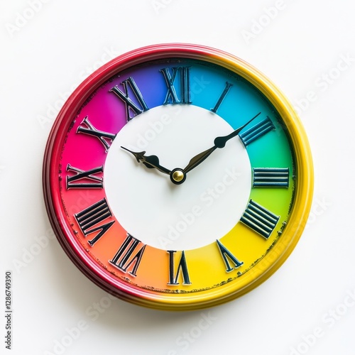 Time in Living Color: A Vibrant Rainbow Clock with Roman Numerals on a Clean White Background