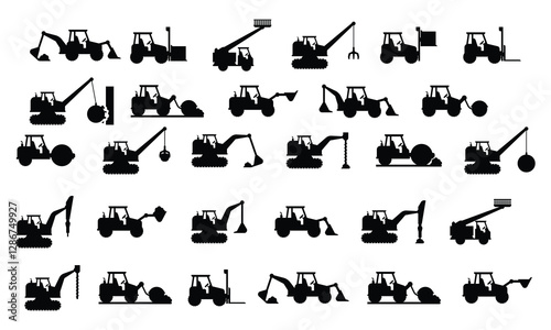 A collection of black and white images of a construction crane and a large excavator