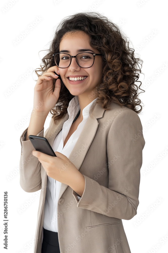 Portrait of Smiling Businesswoman in Beige Blazer with Curly Hair and Glasses Talking on Phone and Using Smartphone Isolated on white transparent background. png Portrait of Smiling Businesswoman in Beige Blazer with Curly Hair and Glasses Talking on Phone and Using Smartphone Isolated on white transparent background. png