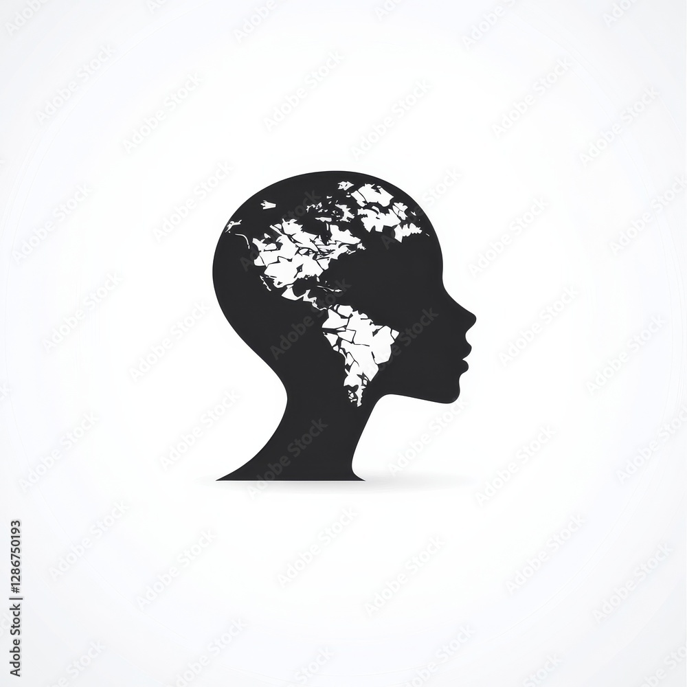 World on Her Mind: Silhouette of a head filled with the outline of continents, showcasing global awareness. World on Her Mind: Silhouette of a head filled with the outline of continents, showcasing global awareness.