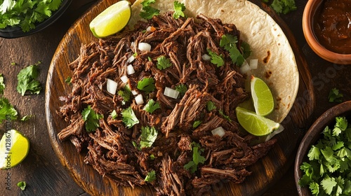 Traditional mexican barbacoa beef platter with tortillas