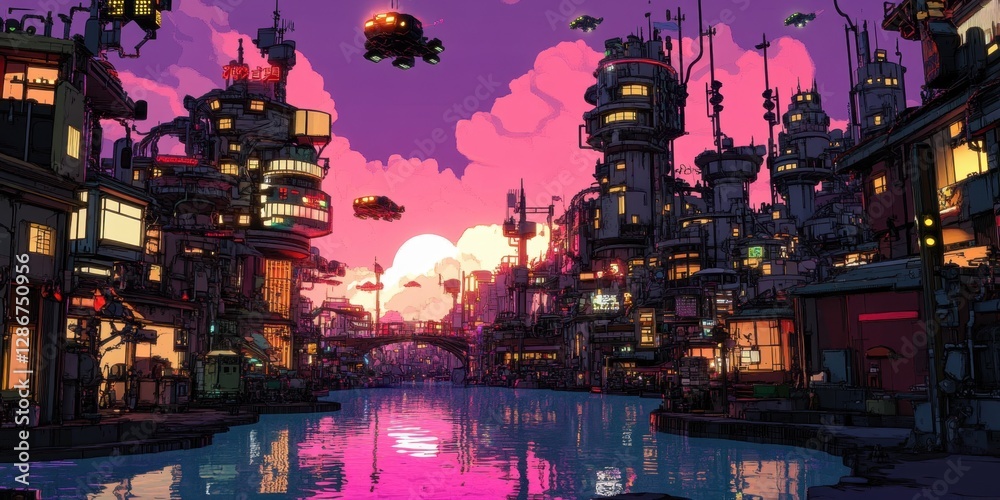 Vibrant cyberpunk cityscape at dusk