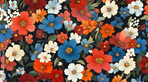 Obraz na płótnie Vibrant floral pattern on dark background w salonie