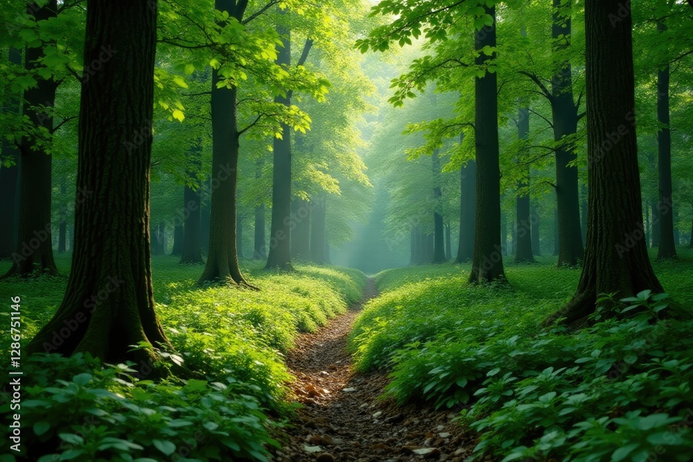Fototapeta premium Dense foliage of green trees in a forest clearing, vegetation, wild