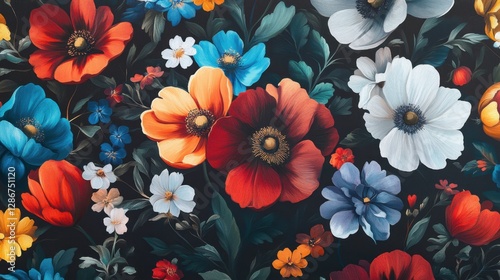Obraz na płótnie Vibrant floral pattern on dark background w salonie
