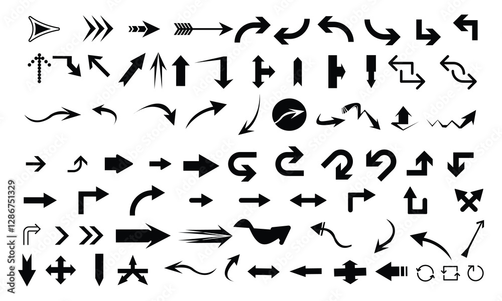 Black flat arrows and pointers isolated on white background Big vector set of navigation elements Black flat arrows and pointers isolated on white background Big vector set of navigation elements