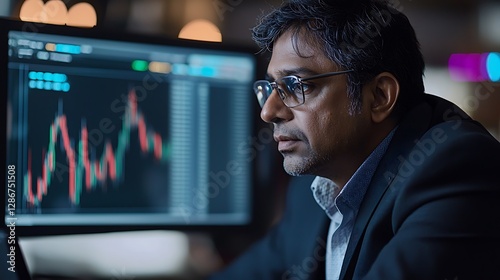 Mature Indian or Latin business man ceo trader using computer, typing, working in modern office, doing online data market analysis, thinking planning tech strategy looking at laptop with copy space. M