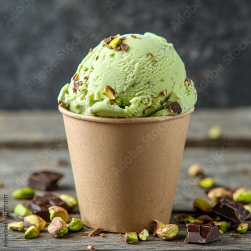 Vibrant green pistachio ice cream over cup