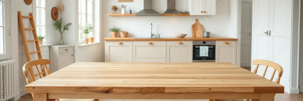Fototapeta premium Wooden kitchen table with natural finish and simple design in a bright and airy Scandinavian-style room, modern farmhouse, Scandinavian interior design