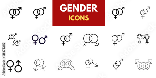 Line icons about gender identity. Contains such icons as equality, male, female, transgender, and genderqueer. Male female sign, men women symbol, toilet wc vector icon set, gender collection, 