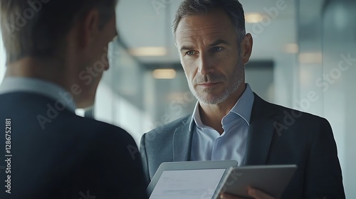 Mature man looking at a digital tablet that a colleague is showing at work Mature man looking at a digital tablet that a colleague is showing at work businessman