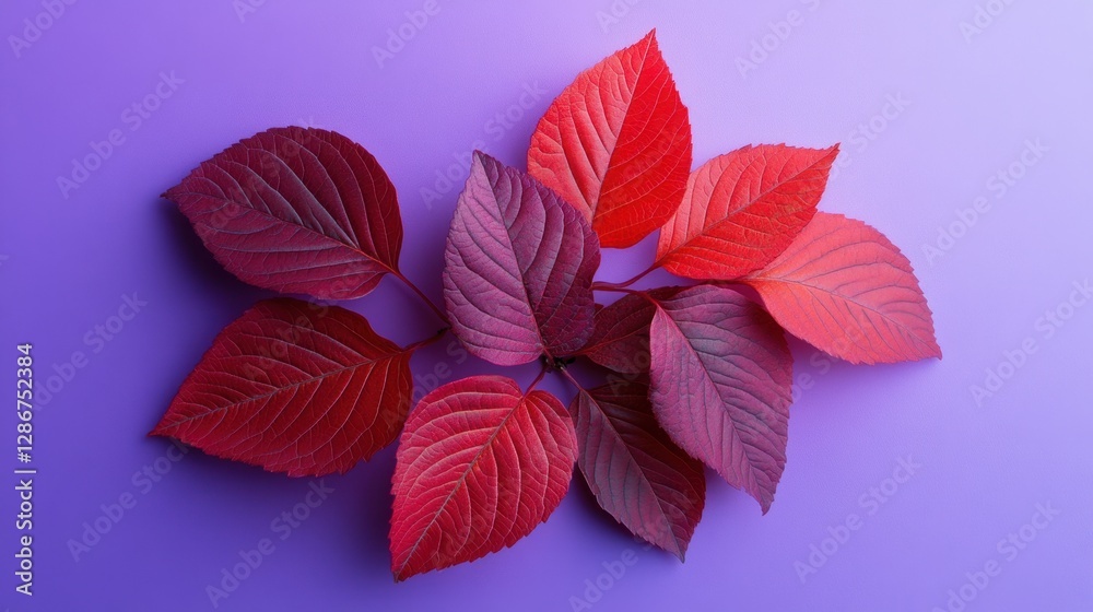 Vibrant red autumn leaves on purple background