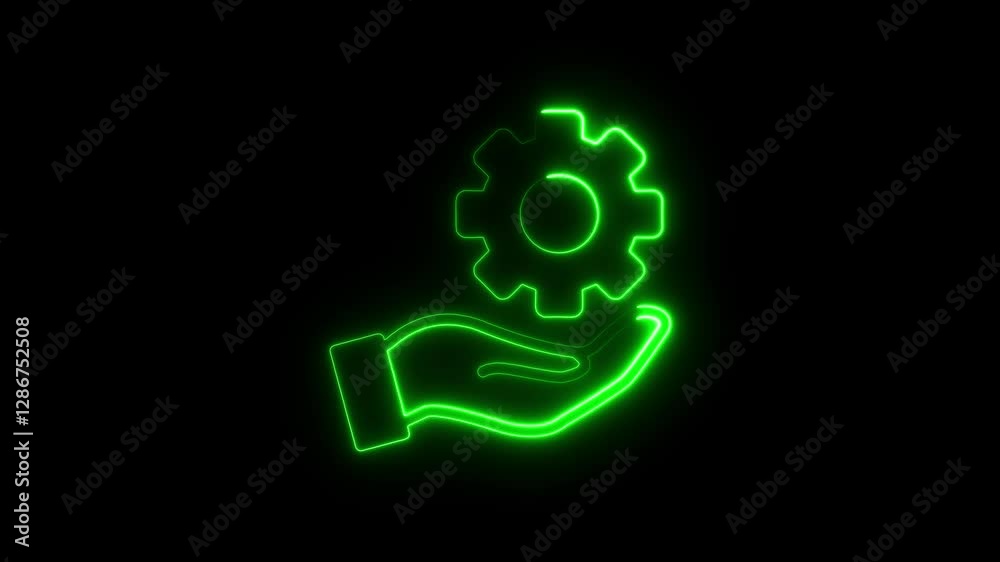 neon line Settings in the hand icon isolated on black background. 4K Video animation.