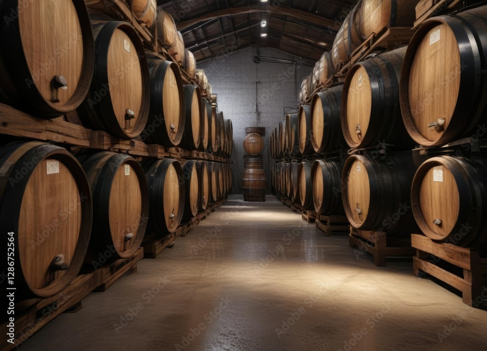 Wine barrels being inspected by a winemaker in a quiet aging room, fermentation process, red wine, wine tasting Wine barrels being inspected by a winemaker in a quiet aging room, fermentation process, red wine, wine tasting