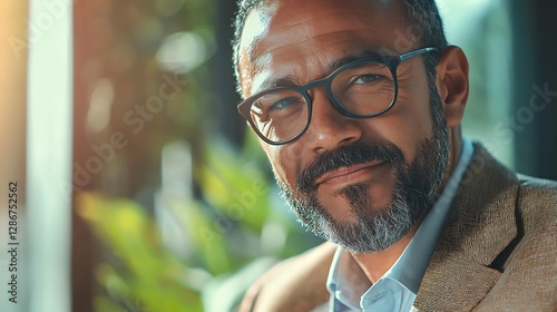 Mature mixed race business man Portrait happy mature businessman wearing spectacles and looking at camera. Multiethnic satisfied man with beard and eyeglasses feeling confident at office. Successful 