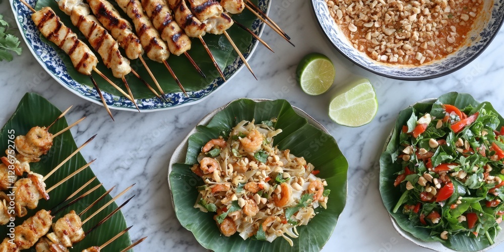 Vibrant thai food spread on marble surface