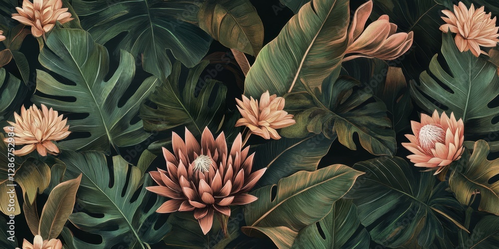 Vibrant tropical foliage and protea pattern