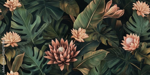 Vibrant tropical foliage and protea pattern