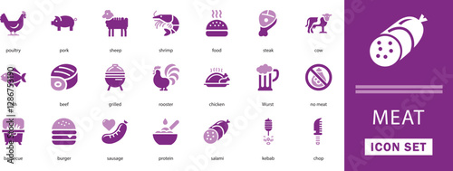 Meat flat vector icon set. with sheep, shrimp,  poultry, sausage, protein,  salami, chop,  and more icons. solid  icons illustration