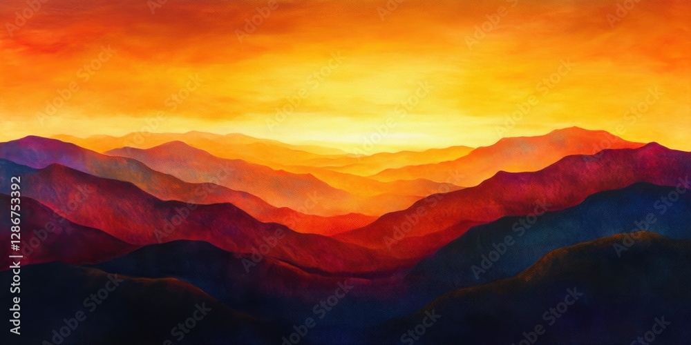 Vivid sunset over mountain silhouettes in orange glow