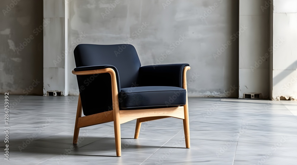 Fototapeta premium A modern armchair, black fabric upholstery, light wood frame, in a minimalist industrial setting, space for copy