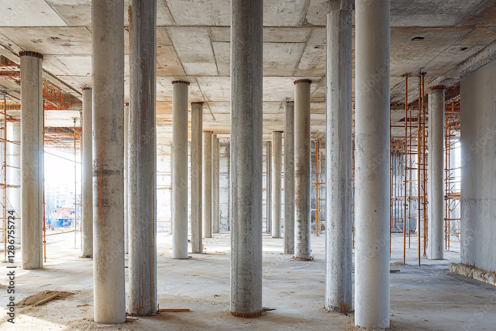 Vertical steel beams form a robust structure. Metal framework suggests industrial construction. Strong lines and geometric shapes dominate the scene. Vertical steel beams form a robust structure. Metal framework suggests industrial construction. Strong lines and geometric shapes dominate the scene.