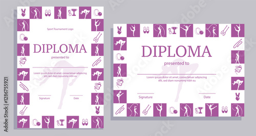 Rhythmic gymnastics sport pink diploma template. Colorful, bright certificate with gymnastics items and gymnast girls in frame. Trendy sport festive design