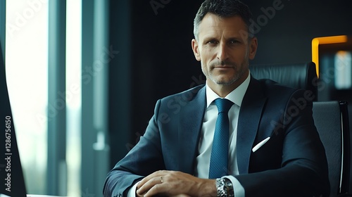 Mid adult businessman at work Positive mature businessman sitting at office desk. Mid adult caucasian male executive at work. businessman