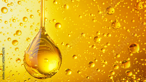 A macro shot of thick golden oil with floating air bubbles
