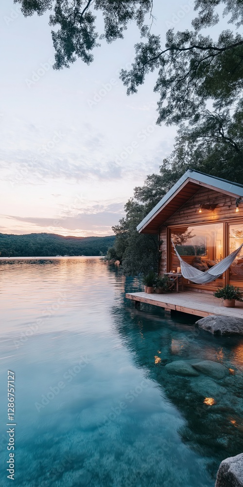 Fototapeta premium Tranquil evening by the lakeside cabin with hammock and stunning sunset view over calm waters. Generative AI