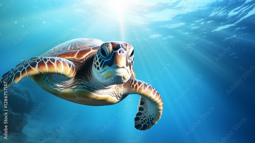 Obraz premium A sea turtle gliding past coral formations, left empty space, soft lavender background,generative ai illustration