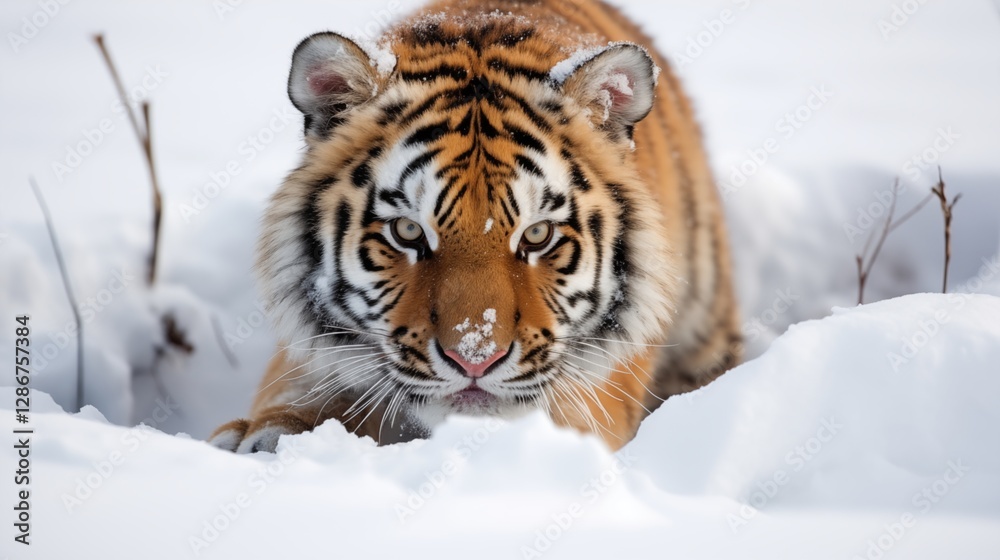 Obraz premium A Siberian tiger crouching in the snow, left empty space, pale winter white background,generative ai illustration